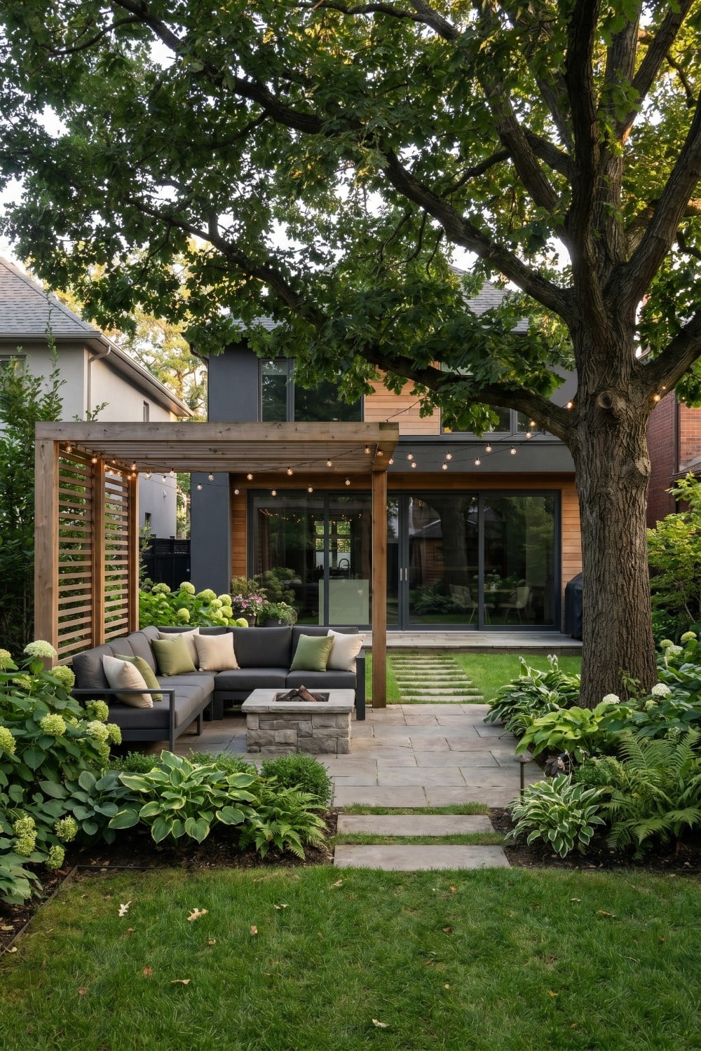 Bistro lights and slatted screen on shady patio