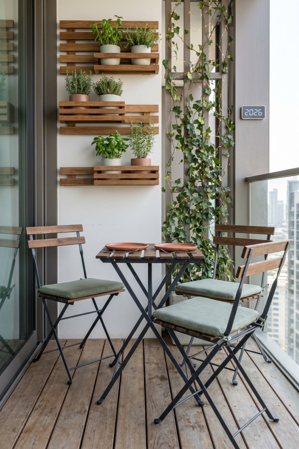 Small patio dining with wall-mounted herb garden