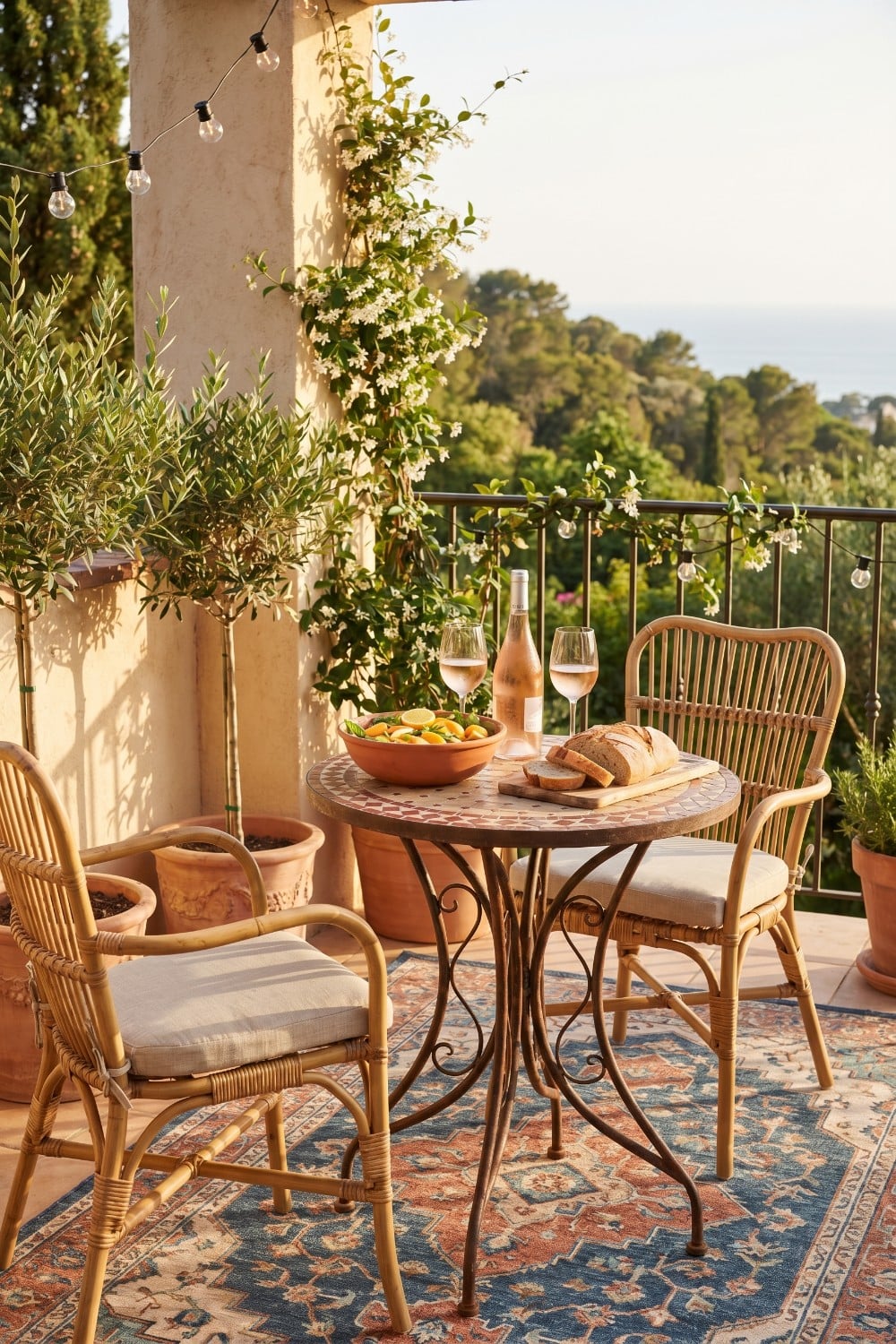 Small patio dining with rattan and patterned rug