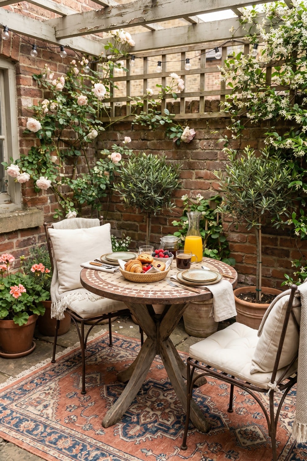 Small patio dining with mosaic table and roses