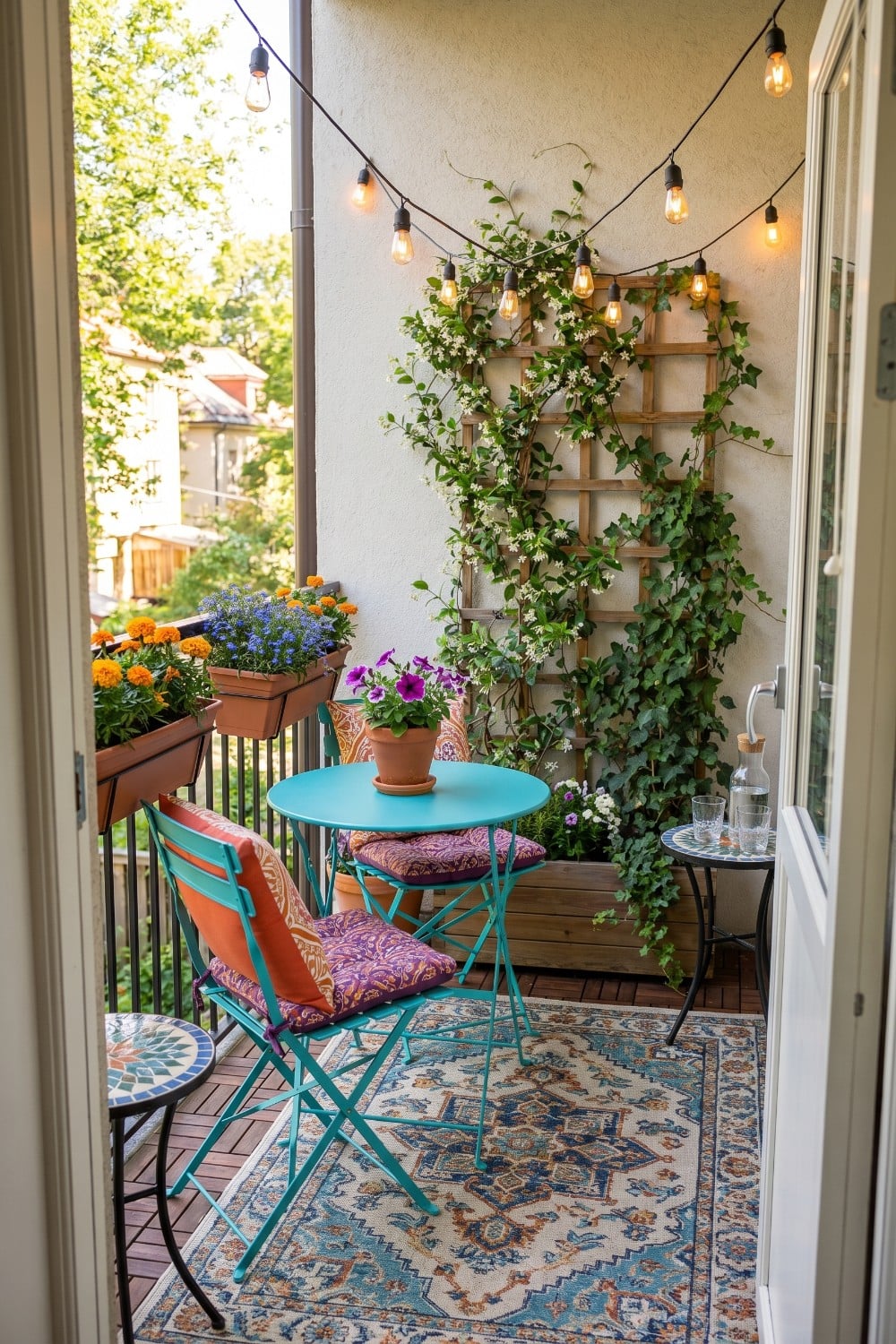 Turquoise small patio dining and climbing ivy