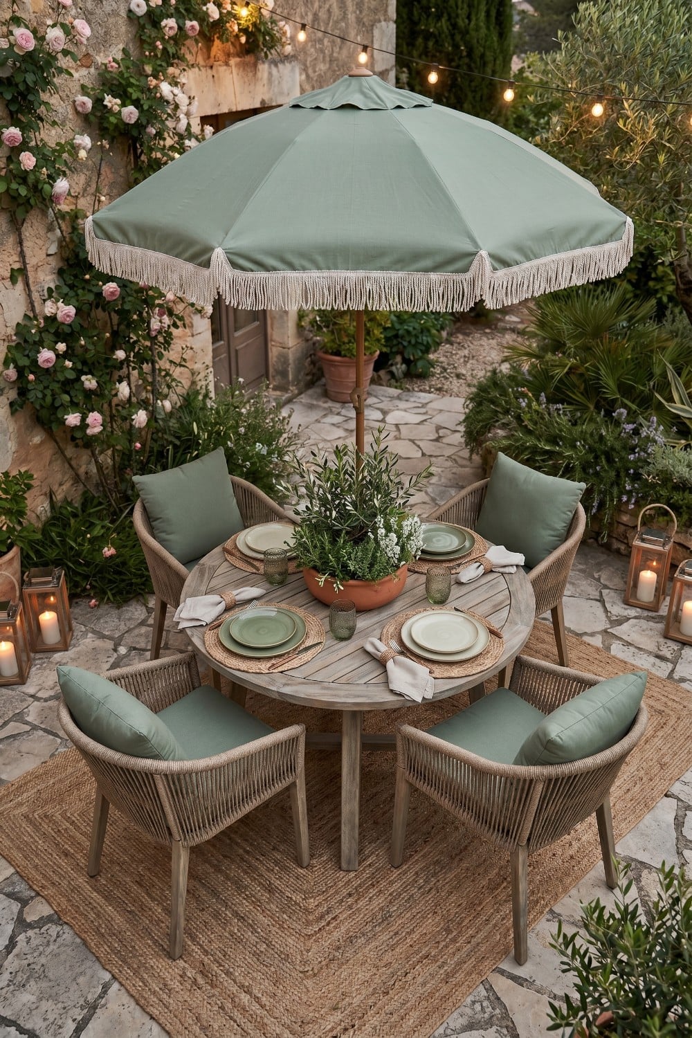 Small patio dining with sage fringed umbrella