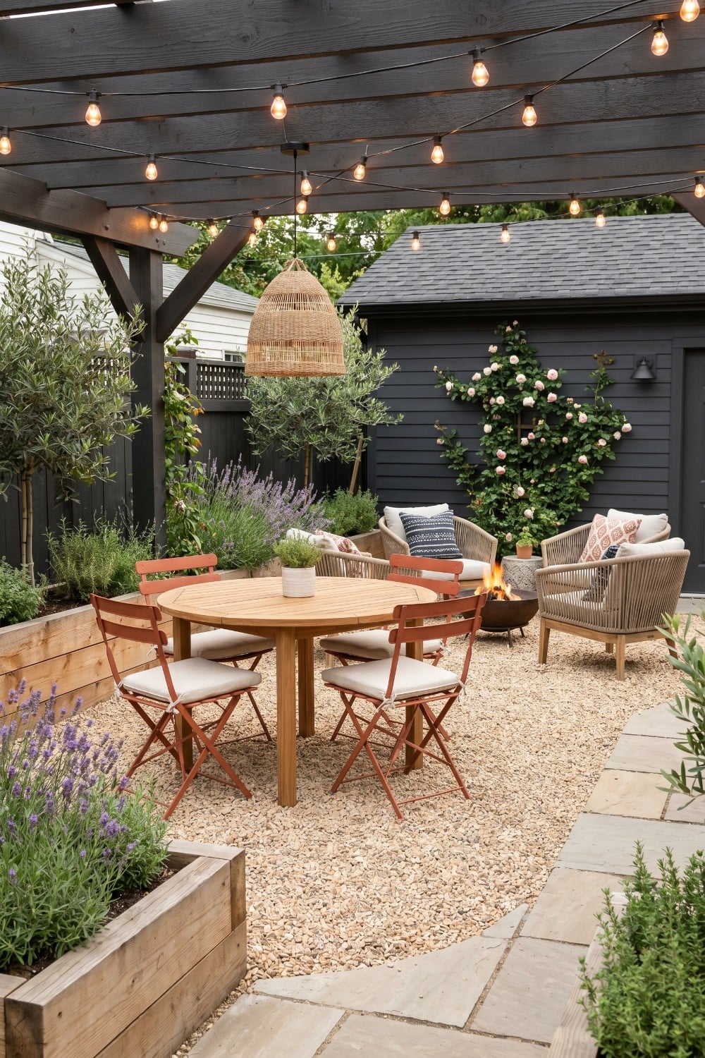 Small patio dining under a black pergola