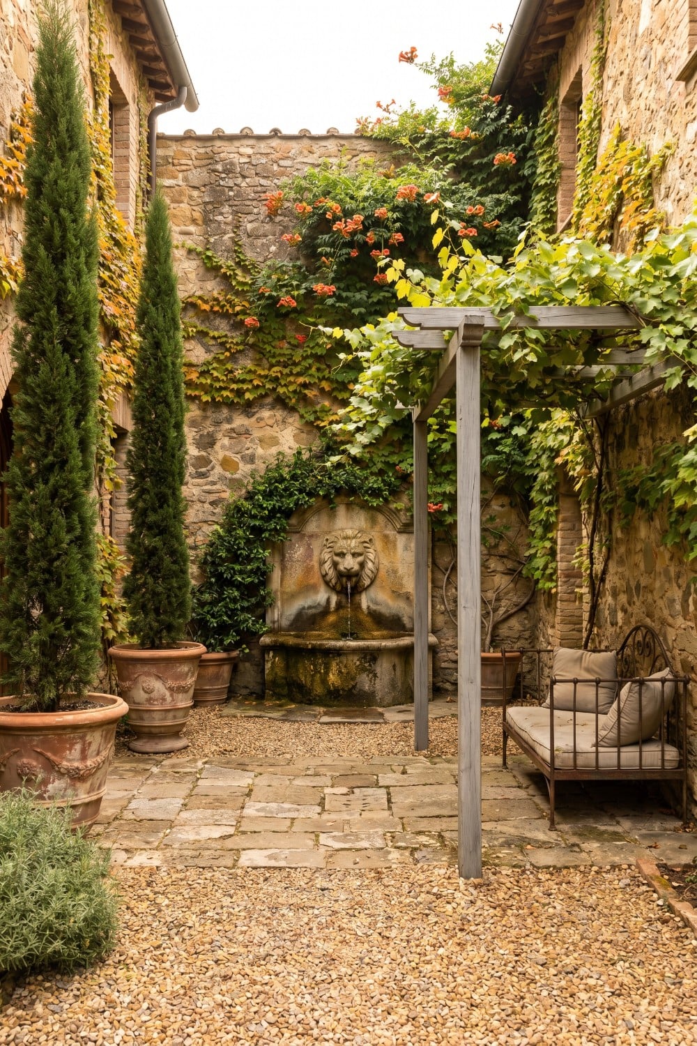 Lion Head Fountain and Potted Cypress Trees