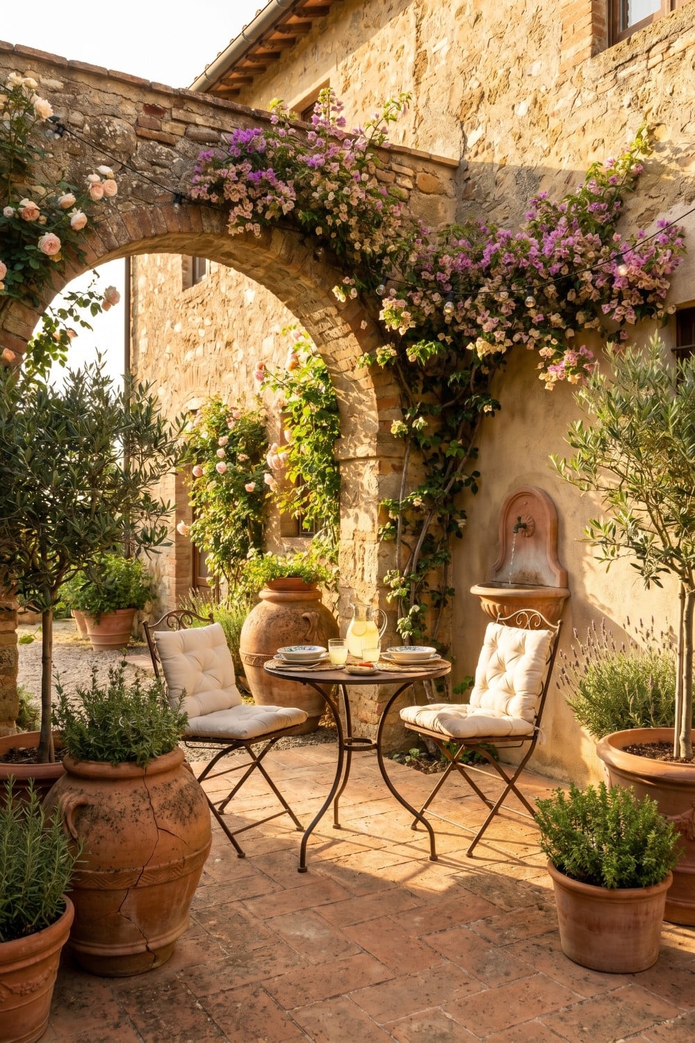 Small Tuscan Patio with Wall Fountain and Terracotta Urns