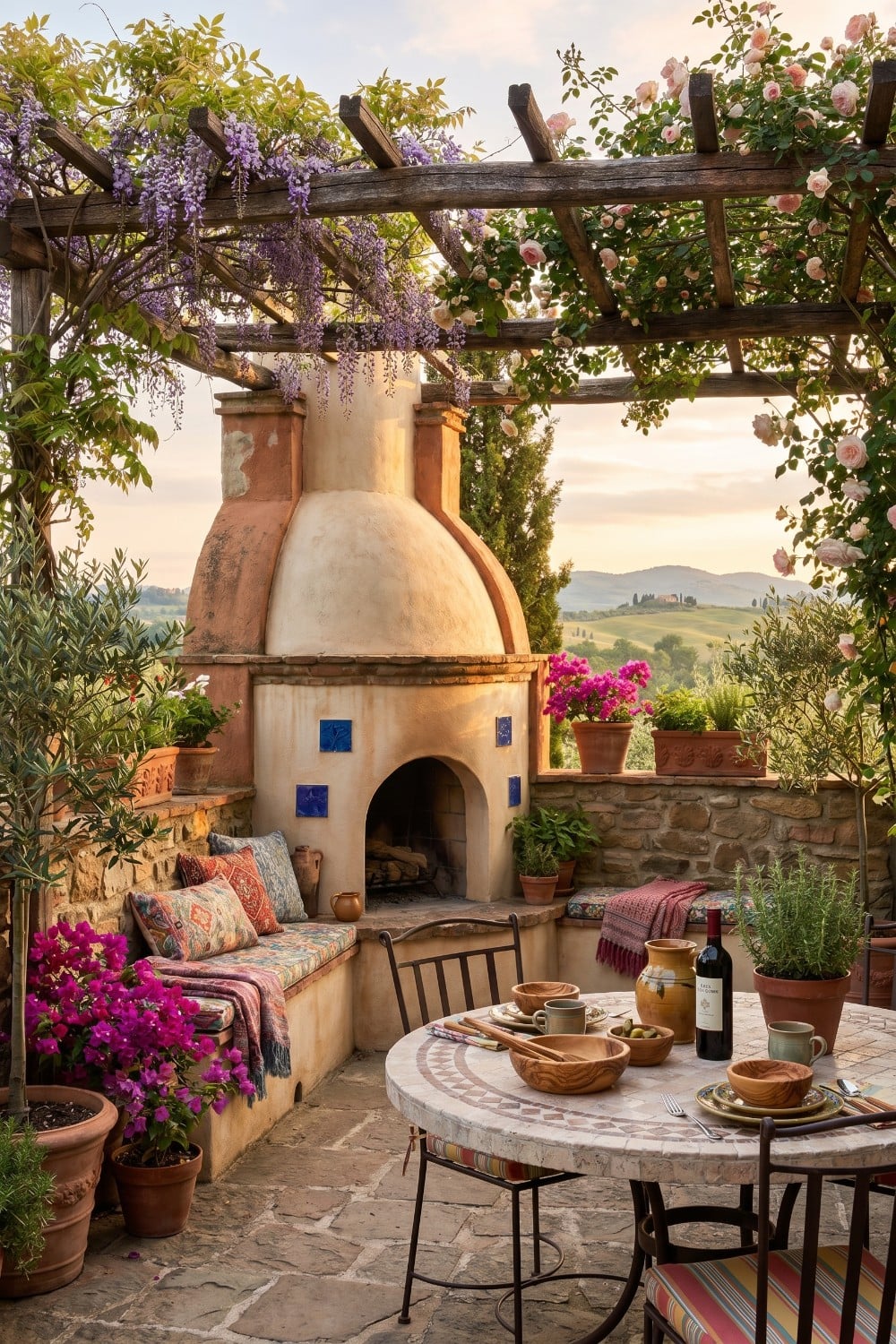 Small Tuscan Patio with Wood-Fired Oven and Wisteria