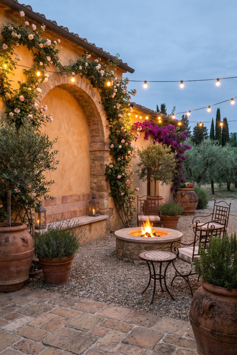 Small Tuscan Patio with Fire Pit and String Lights