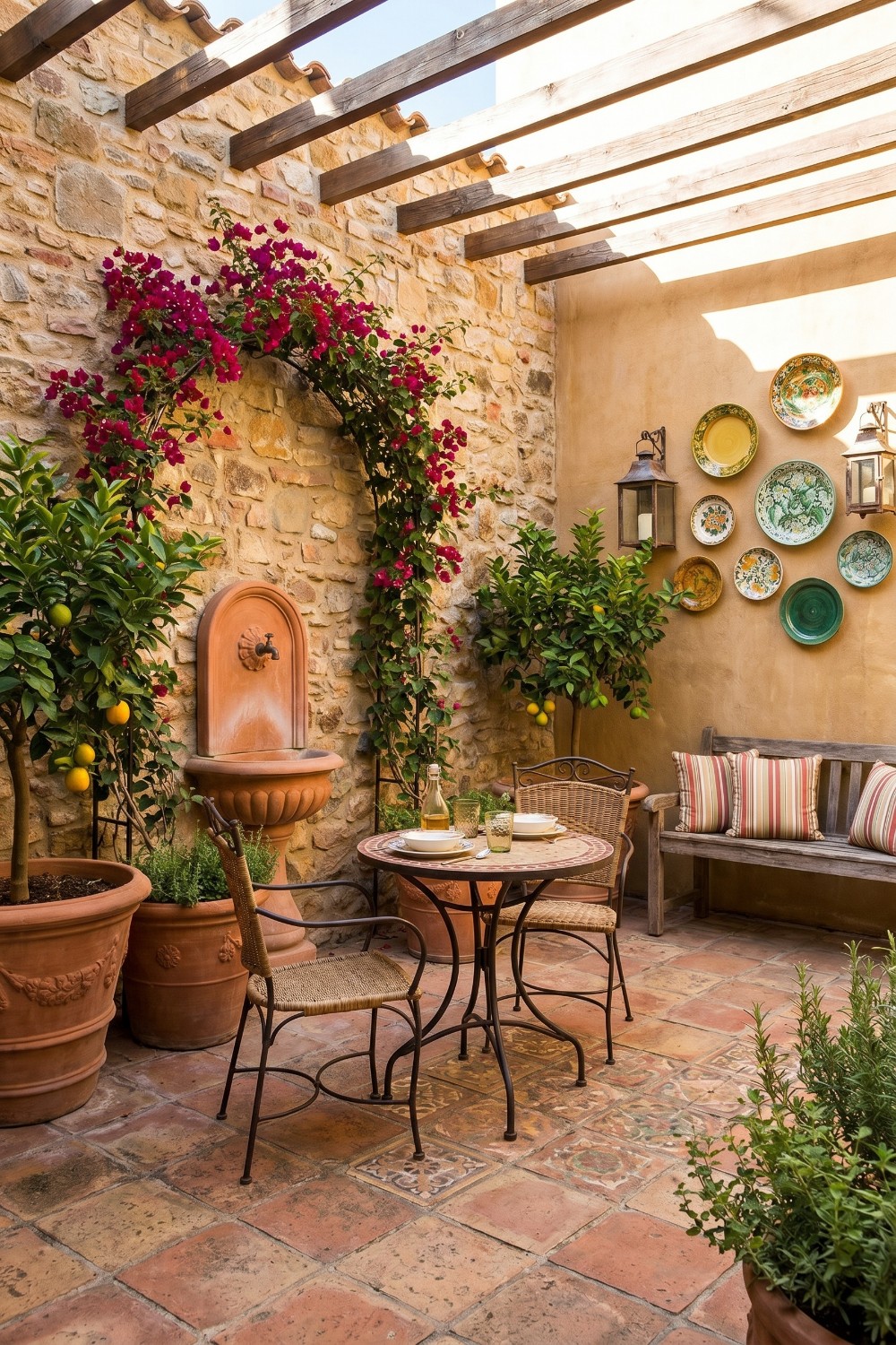 Bougainvillea and Ceramic Wall Plates on Small Tuscan Patio