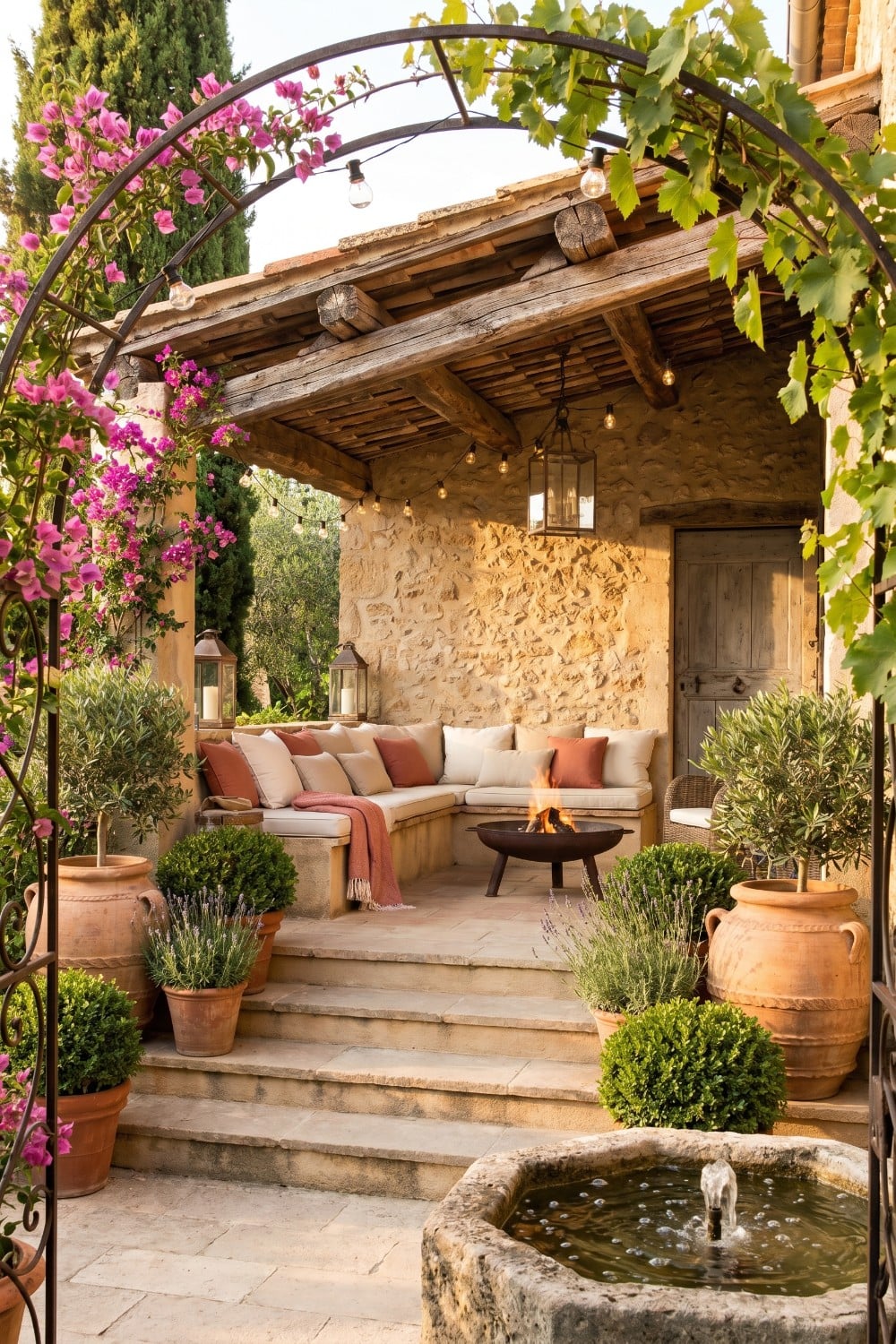 Small Tuscan Patio with Stone Fountain and Lavender