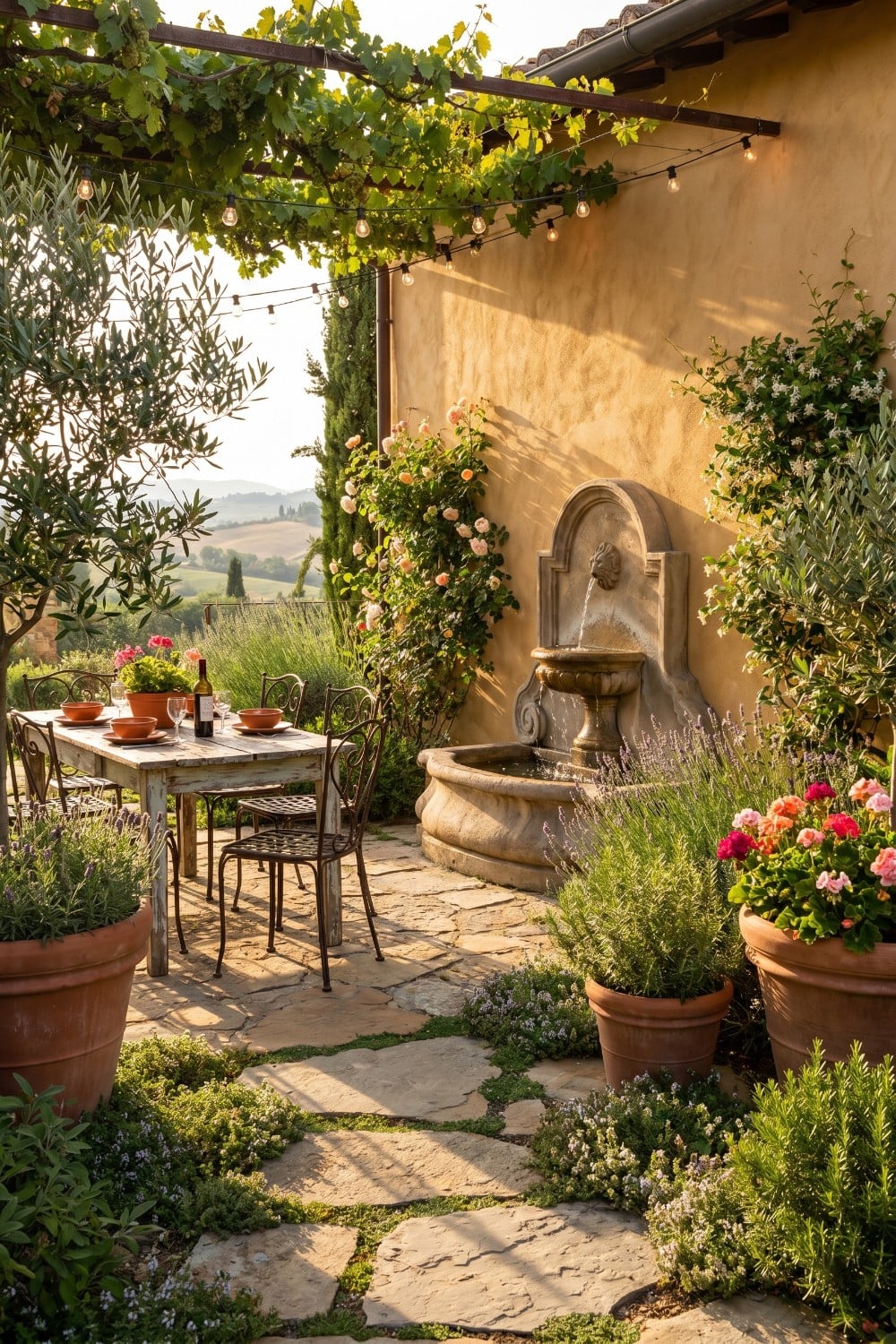 Grapevine Pergola and Iron Seating on Small Tuscan Patio