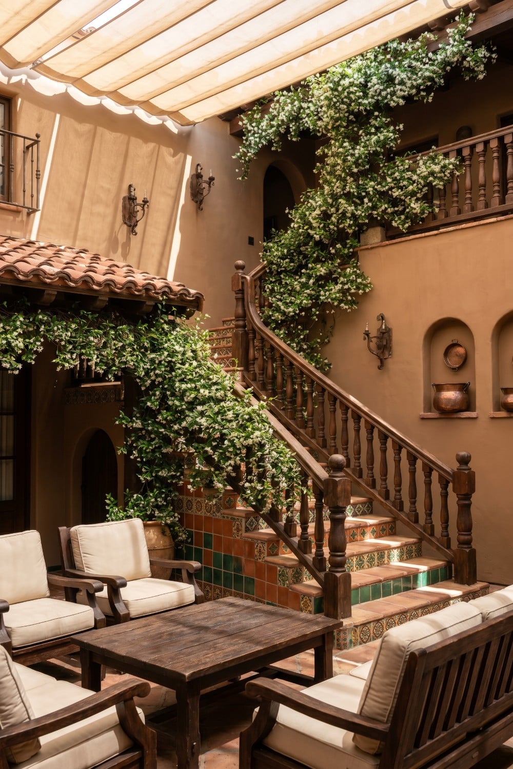 Spanish Patio with Tiled Staircase and Jasmine