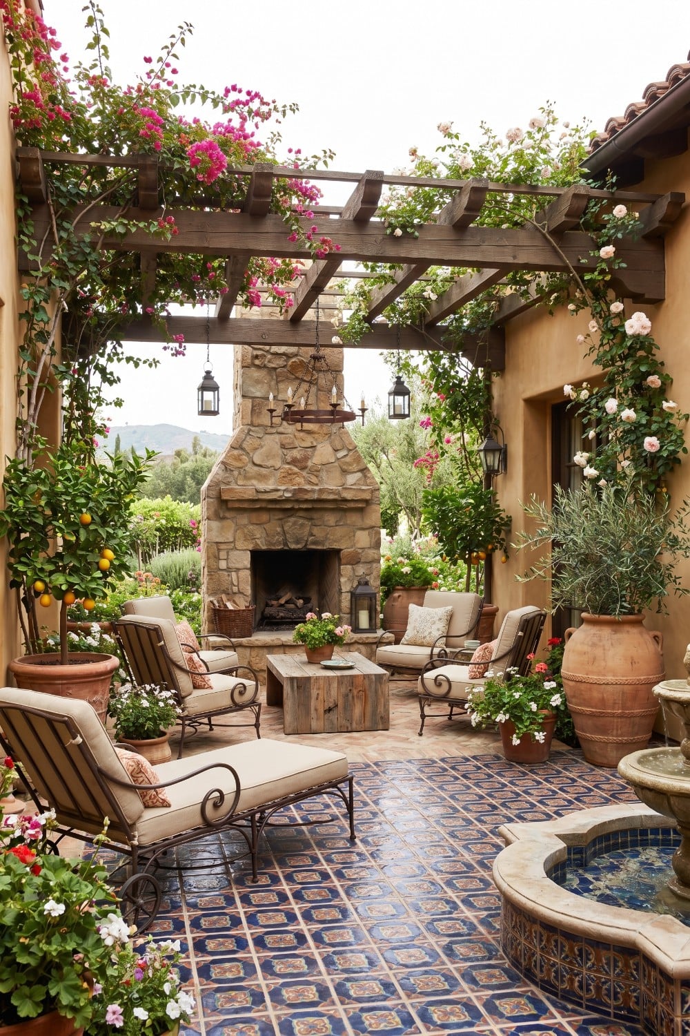 Spanish Patio with Stone Fireplace and Wooden Pergola