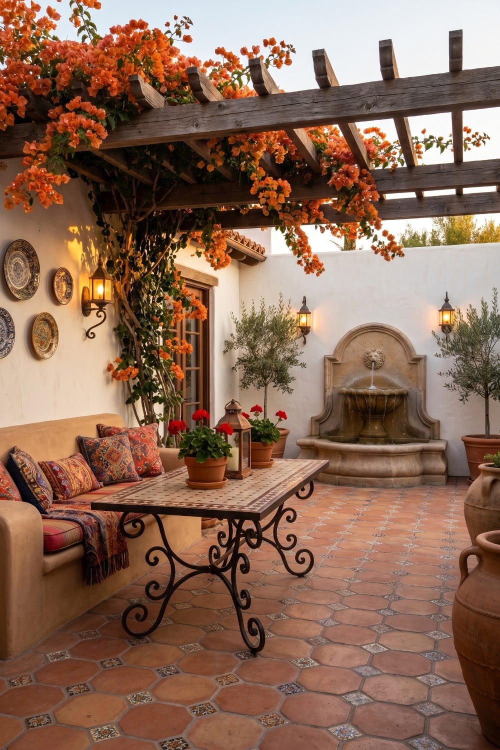 Spanish Patio with Wall Fountain and Wrought Iron