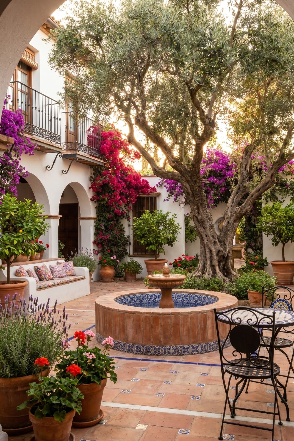 Spanish Patio with Olive Tree and Central Fountain