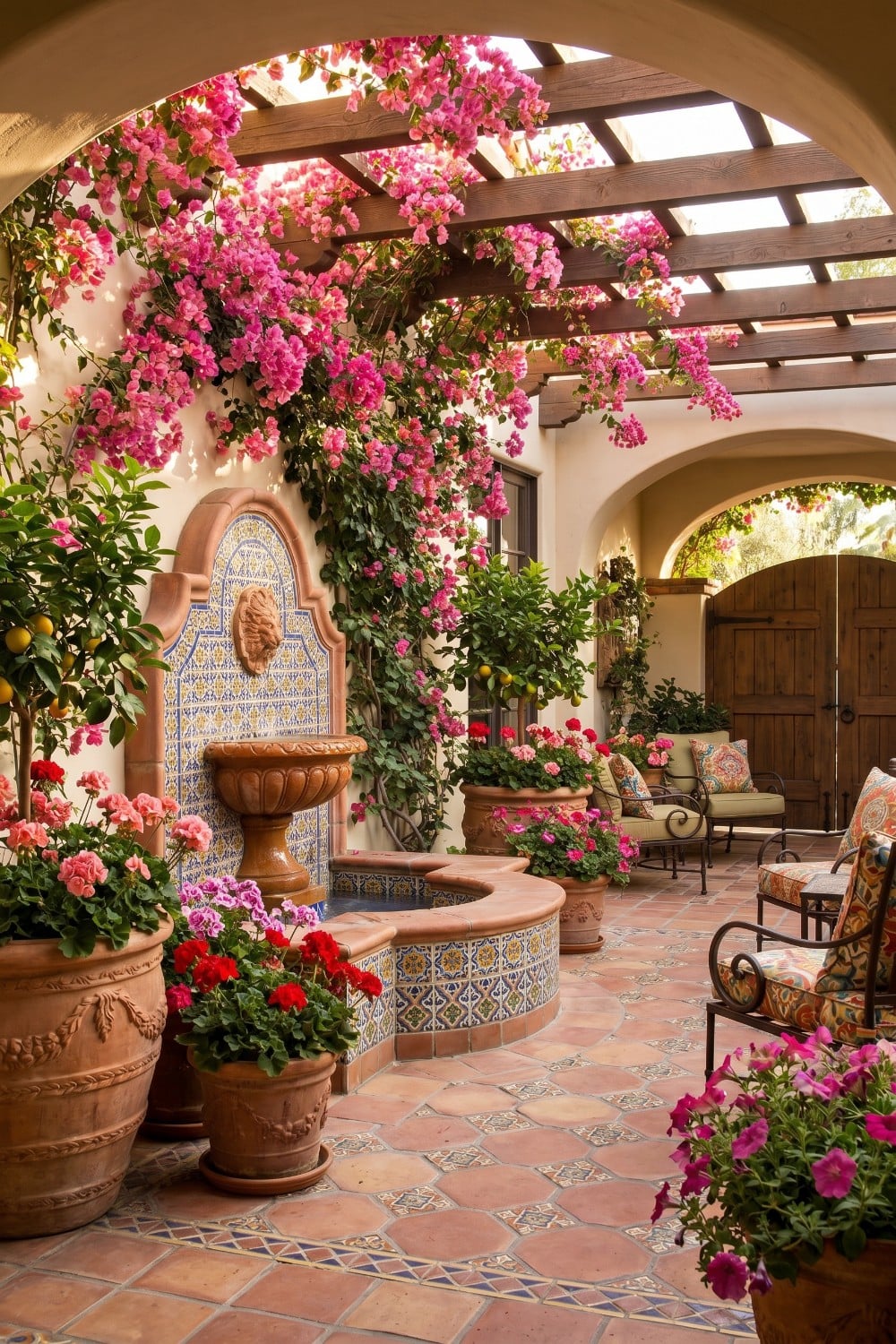 Spanish Patio with Blue Mosaics and Vibrant Blooms
