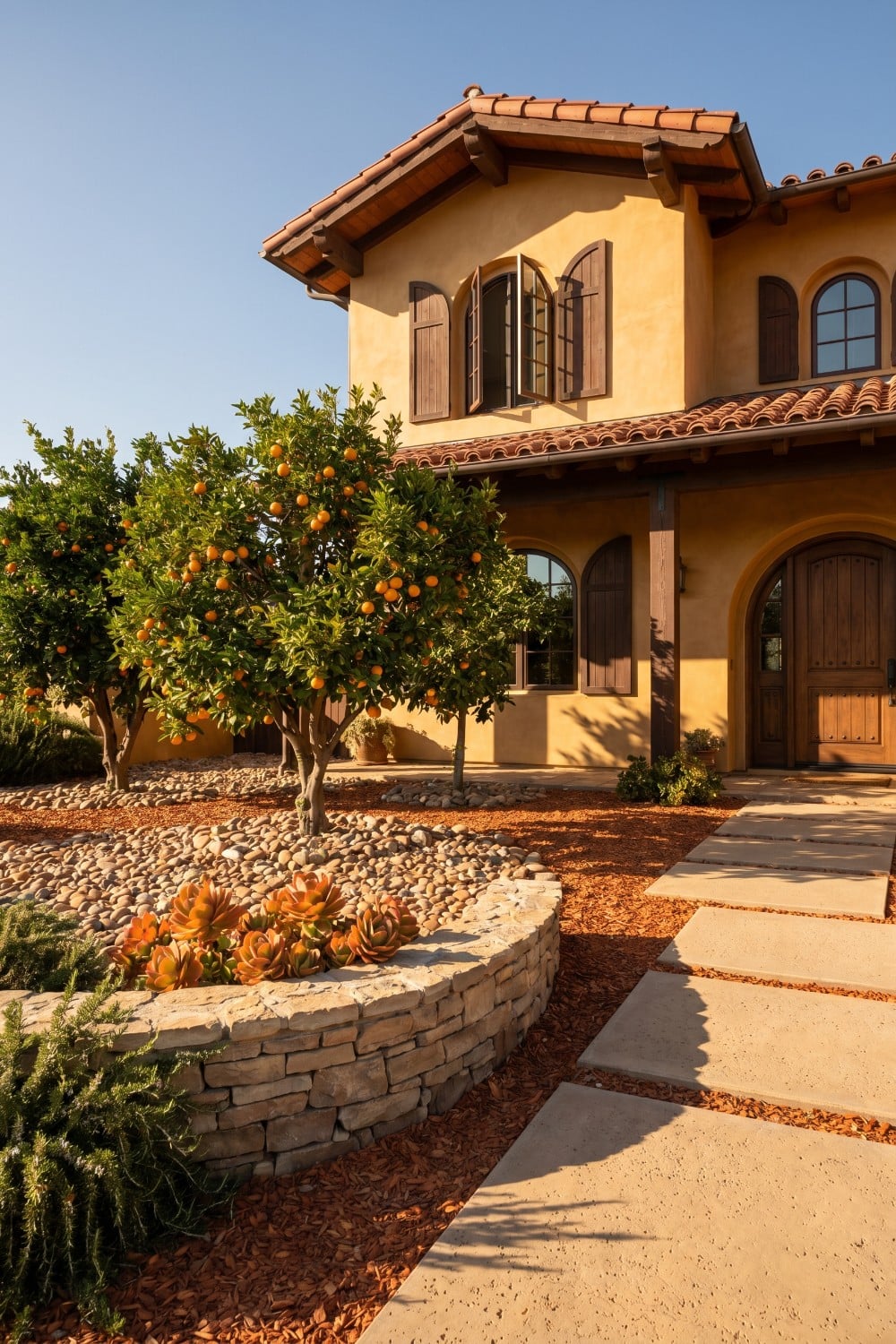Orange trees and stacked stone garden beds