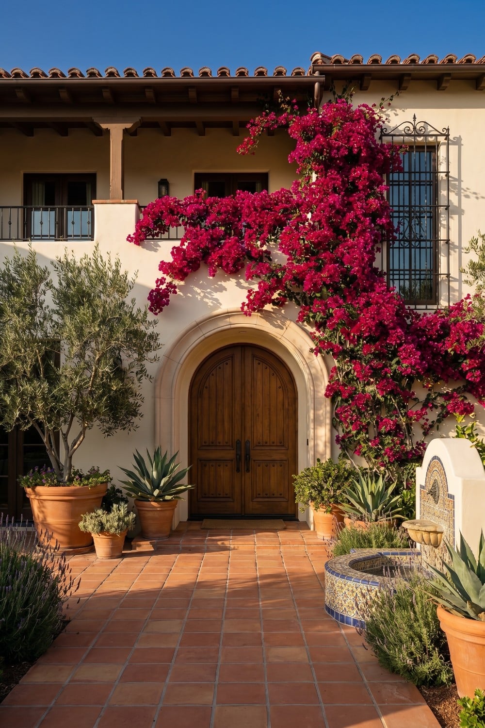 Vibrant Bougainvillea and Arched Wooden Entryway