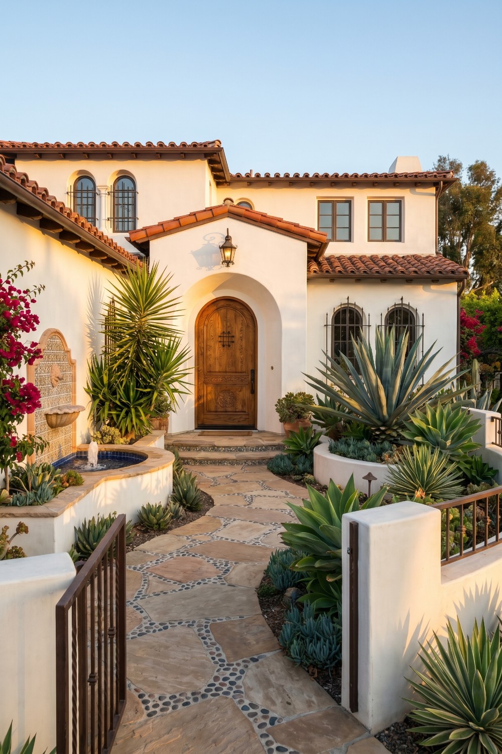 Spanish style homes front yard with flagstone walkway
