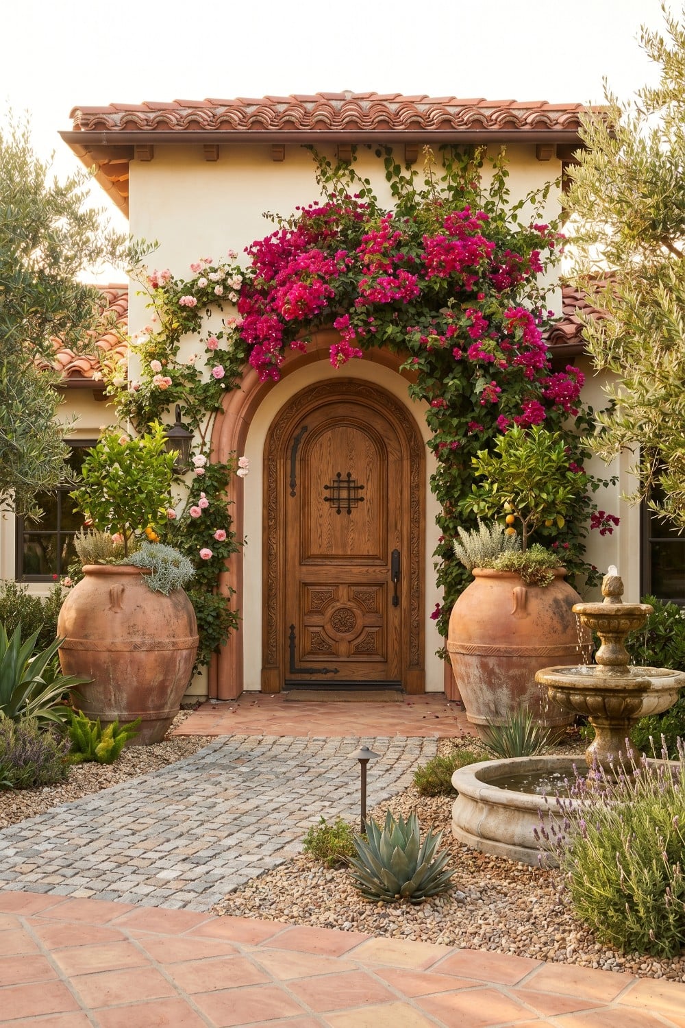 Spanish style homes front yard with terracotta urns