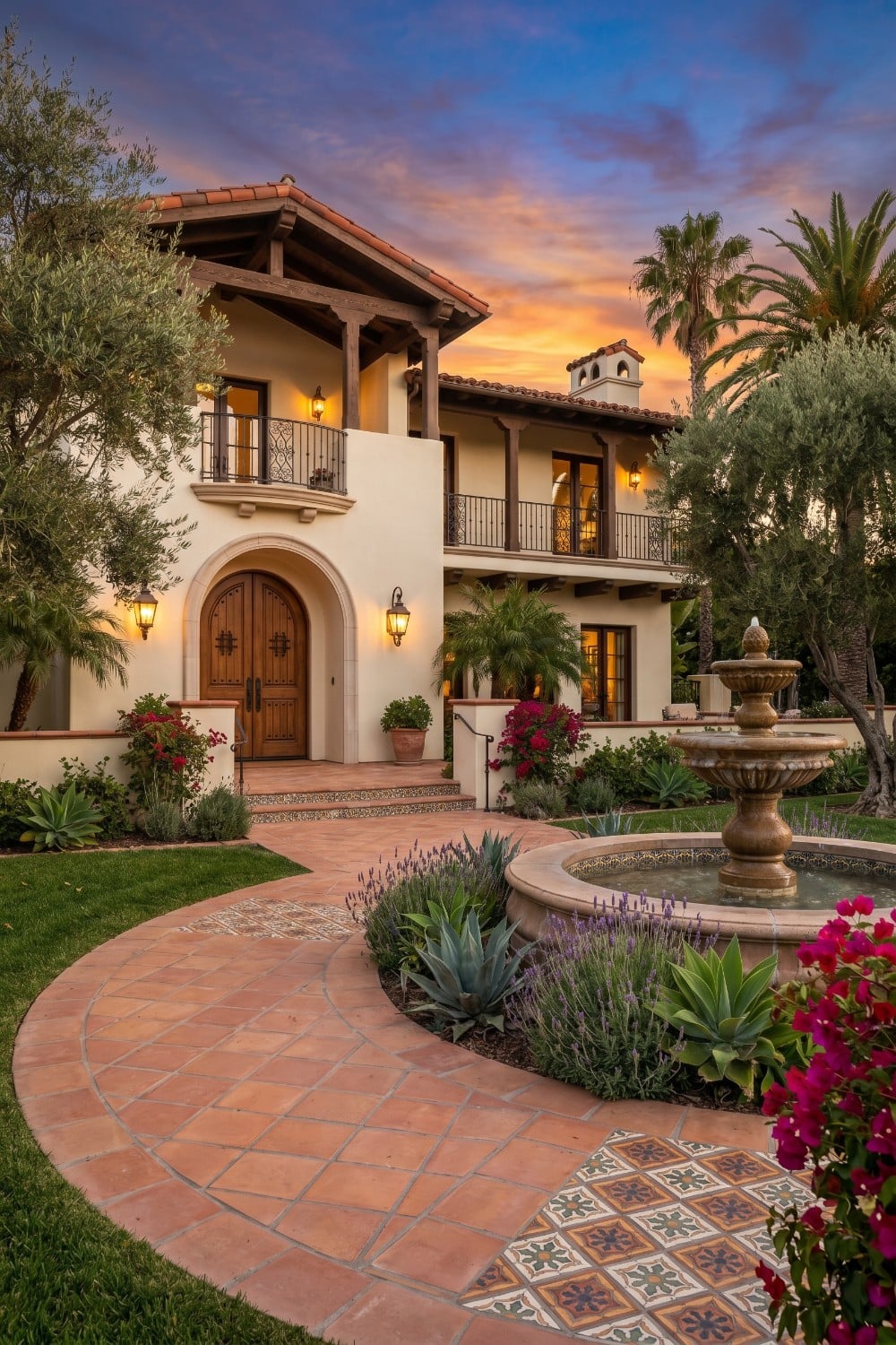 Spanish style homes front yard with patterned paths