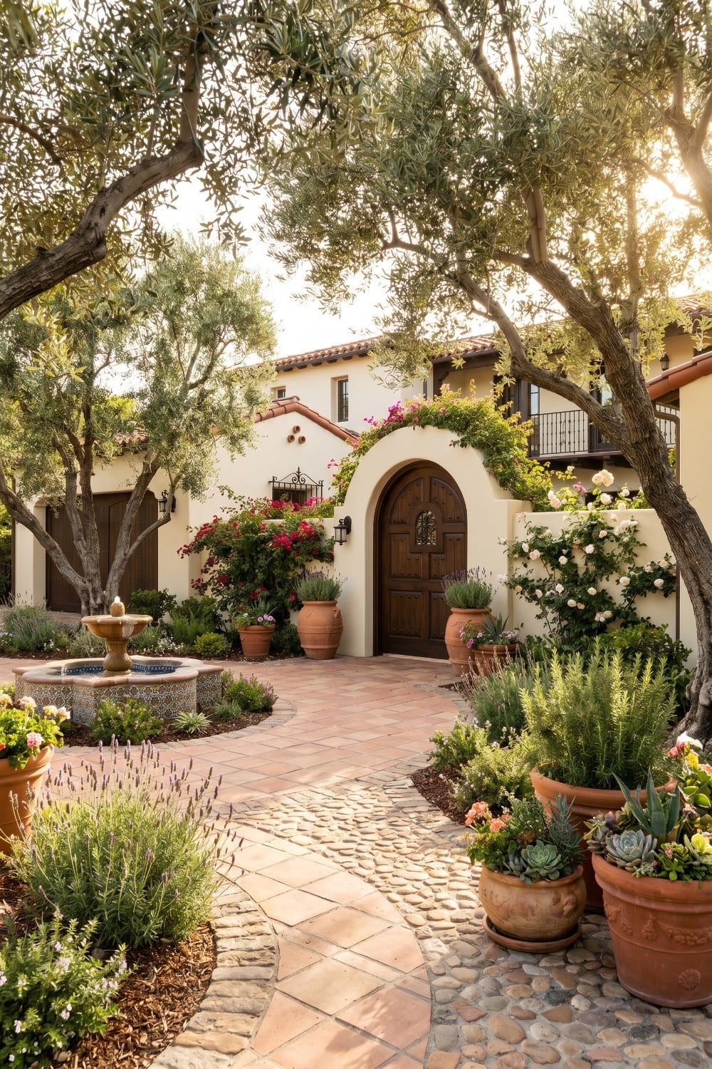 Spanish style homes front yard with mature olive trees