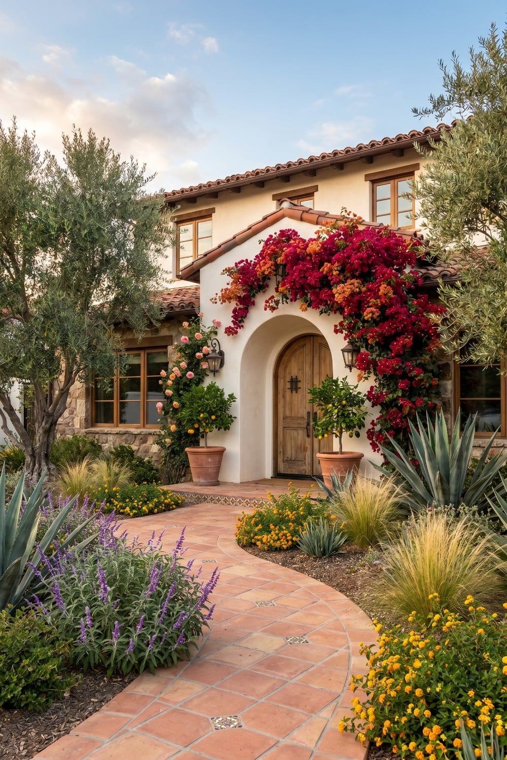 Agave and lavender in Spanish style homes front yard