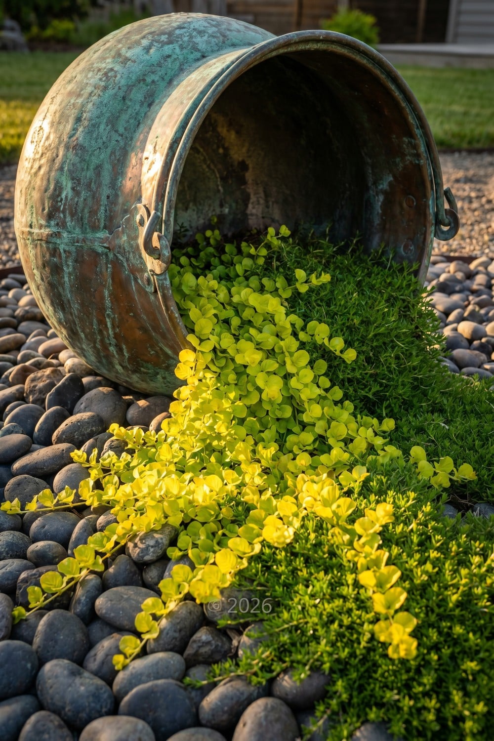 Verdigris Spilled Flower Pot with Chartreuse Creeping Jenny