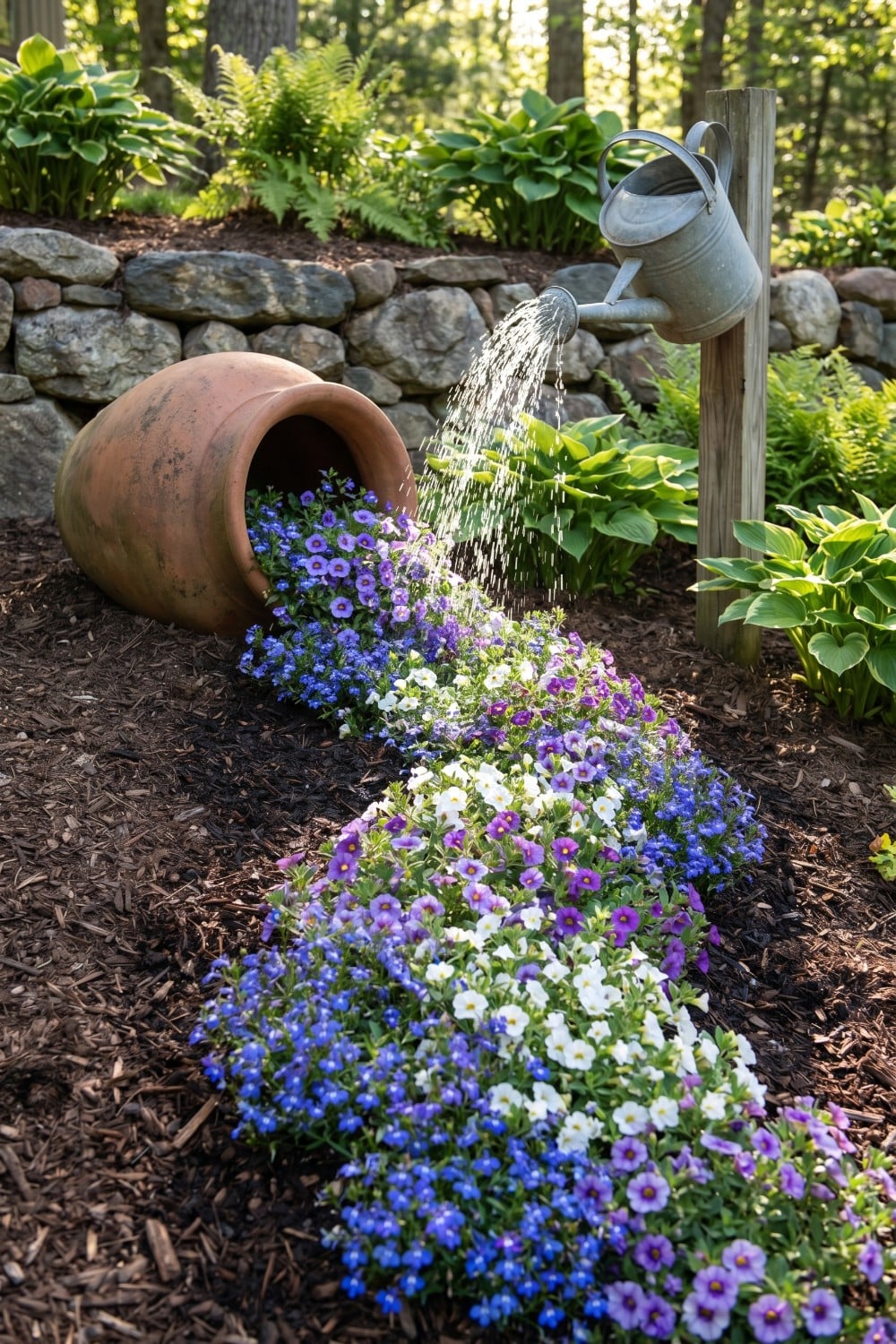 Terracotta Spilled Flower Pot and Tipped Watering Can