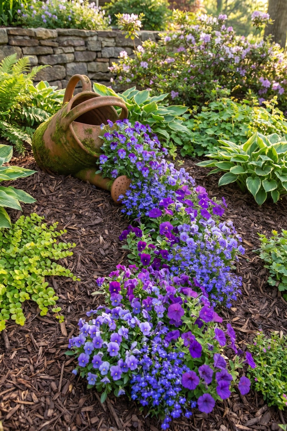 Mossy Spilled Flower Pot with Purple Pansies