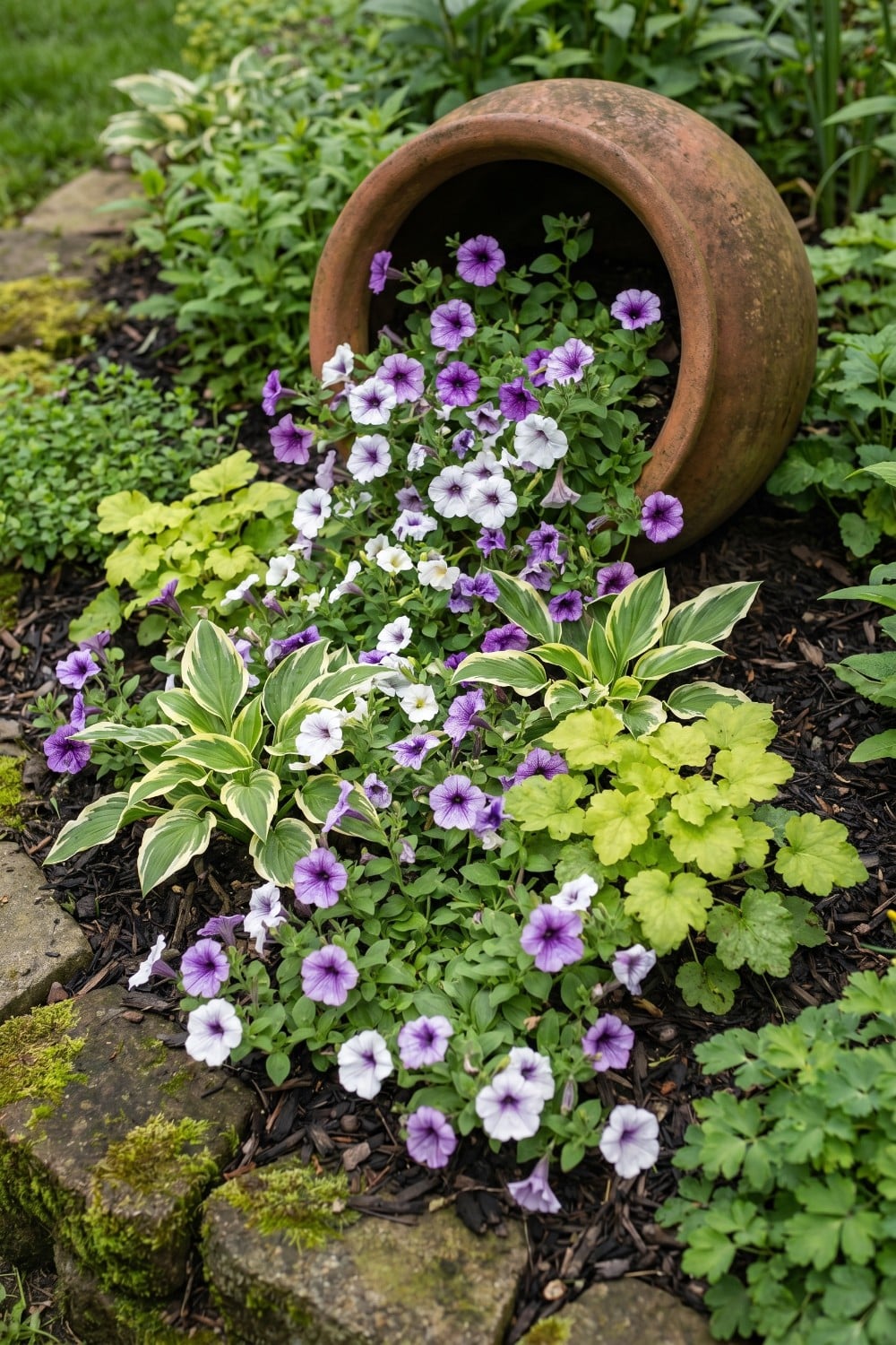 Round Spilled Flower Pot with Petunias and Hostas
