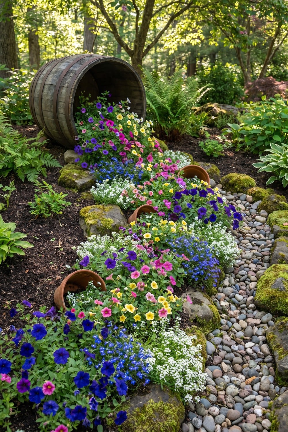 Wooden Barrel Spilled Flower Pot and Pebble Path