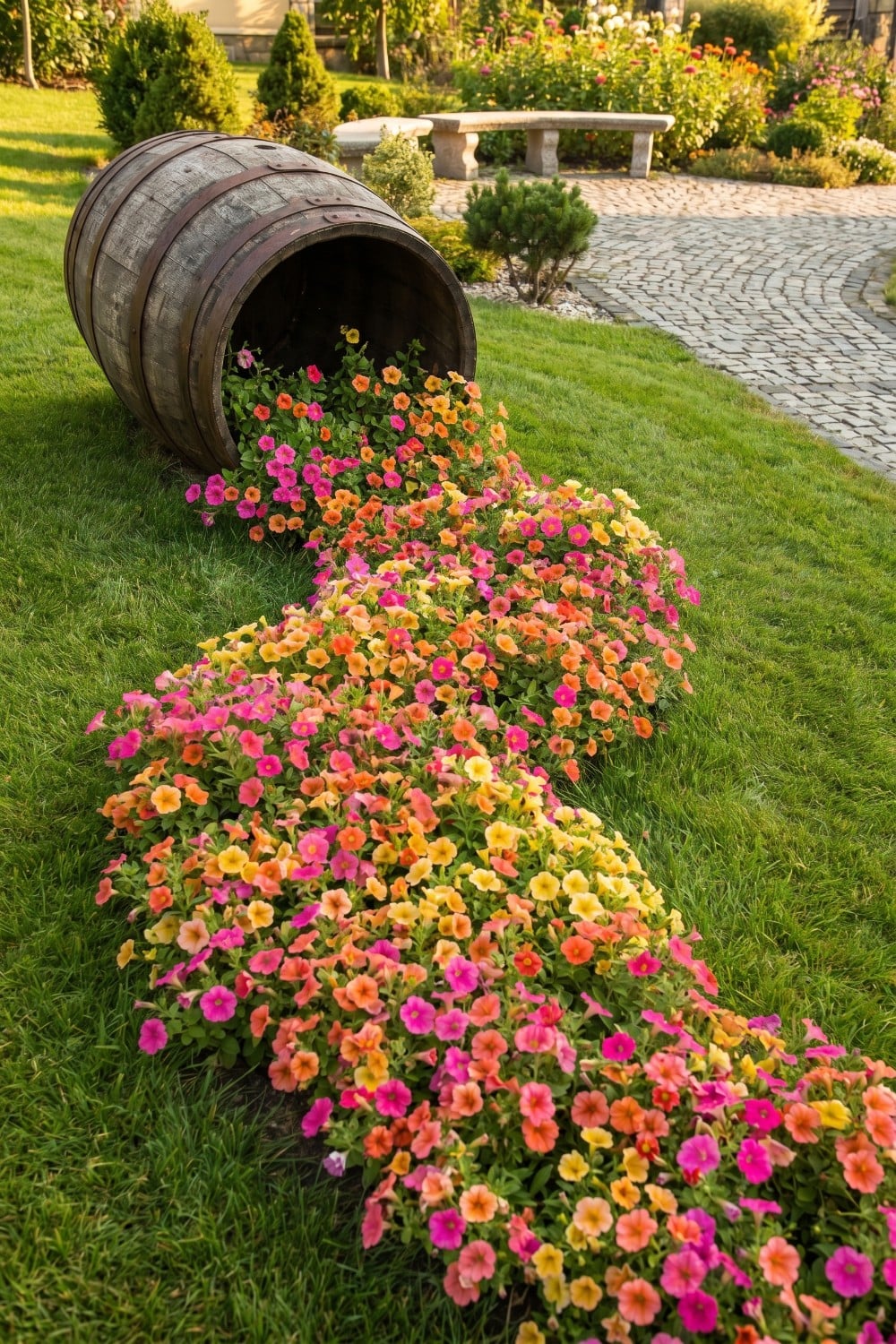 Vibrant Winding Spilled Flower Pot with Sunset Blooms