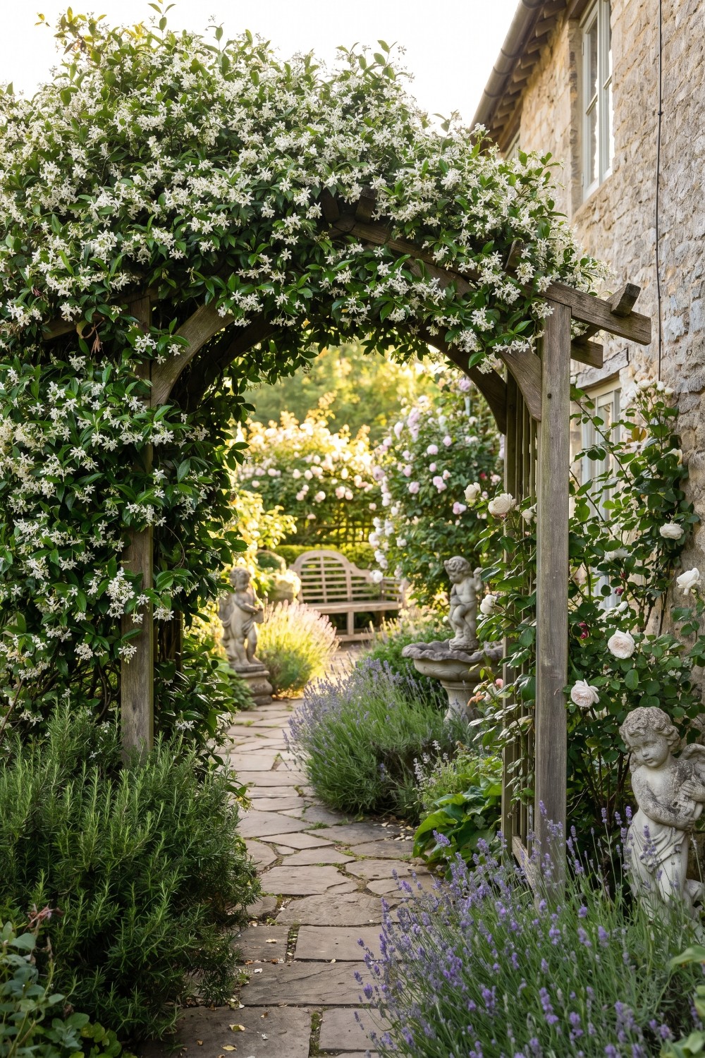 Arched Star Jasmine Trellis Over Garden Path