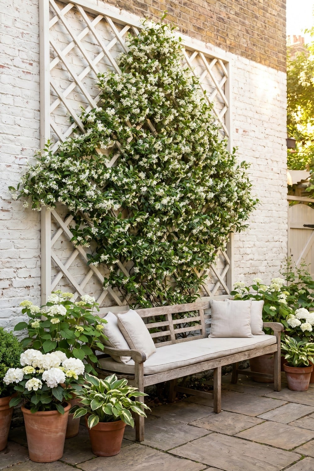 Star Jasmine Trellis and Weathered Timber Bench