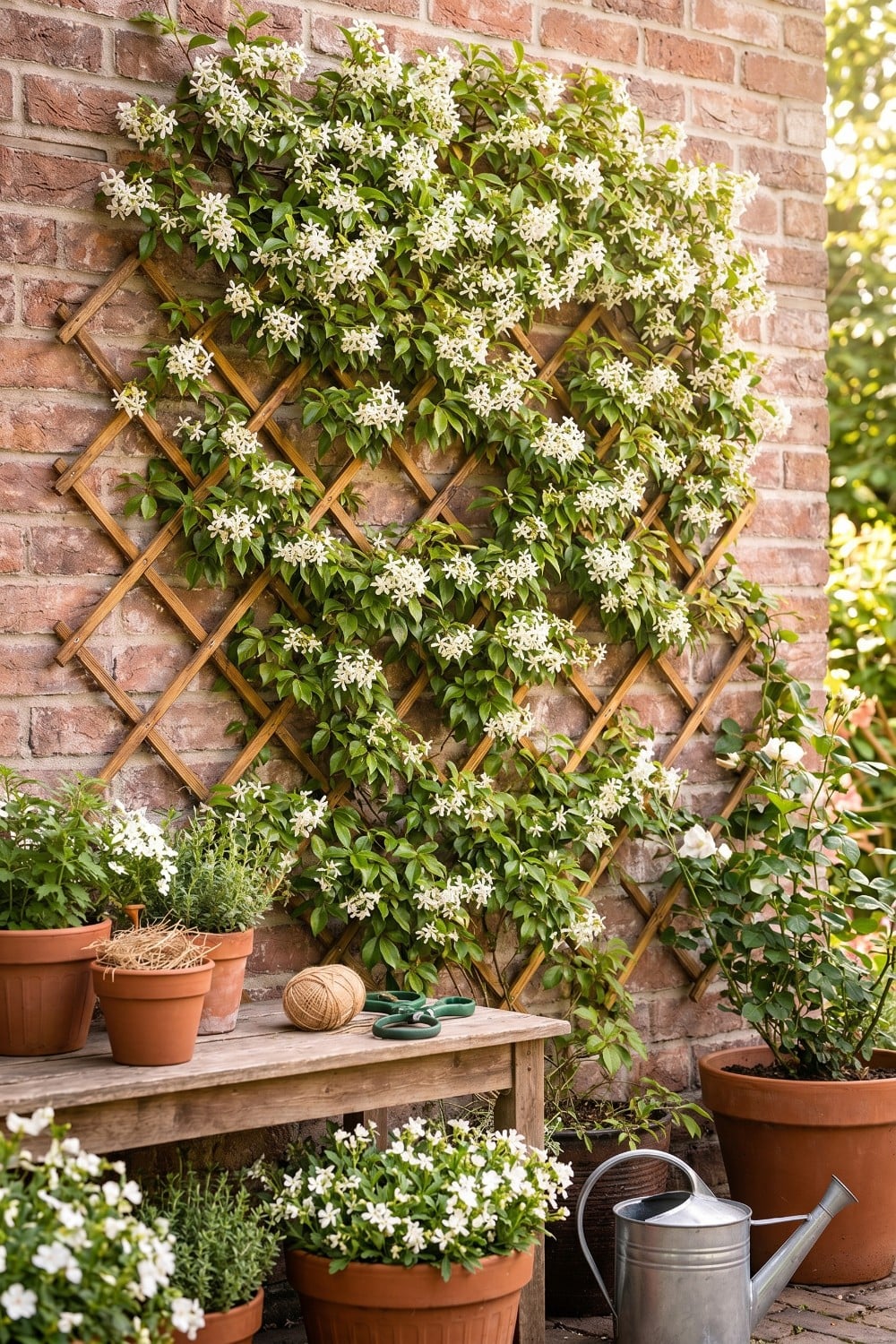 Blooming Star Jasmine Trellis Against Red Brick