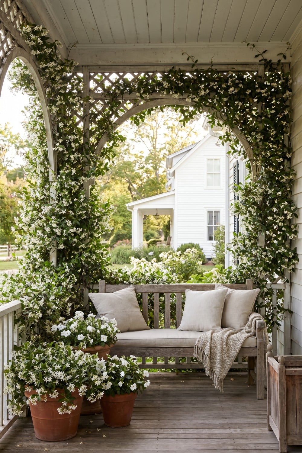 Star Jasmine Trellis Framing a White Farmhouse Porch