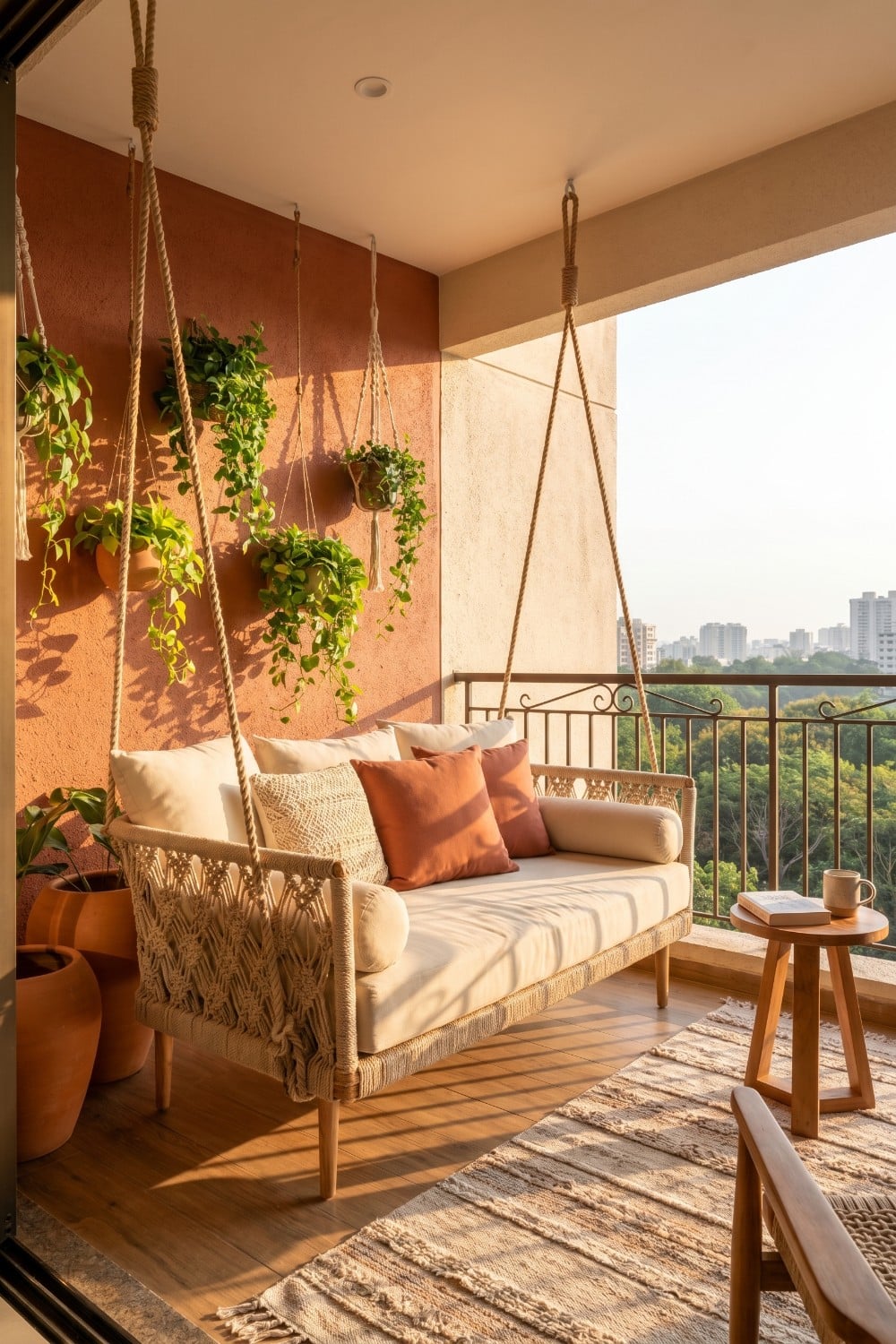 Woven bench swings in balcony with terracotta accents