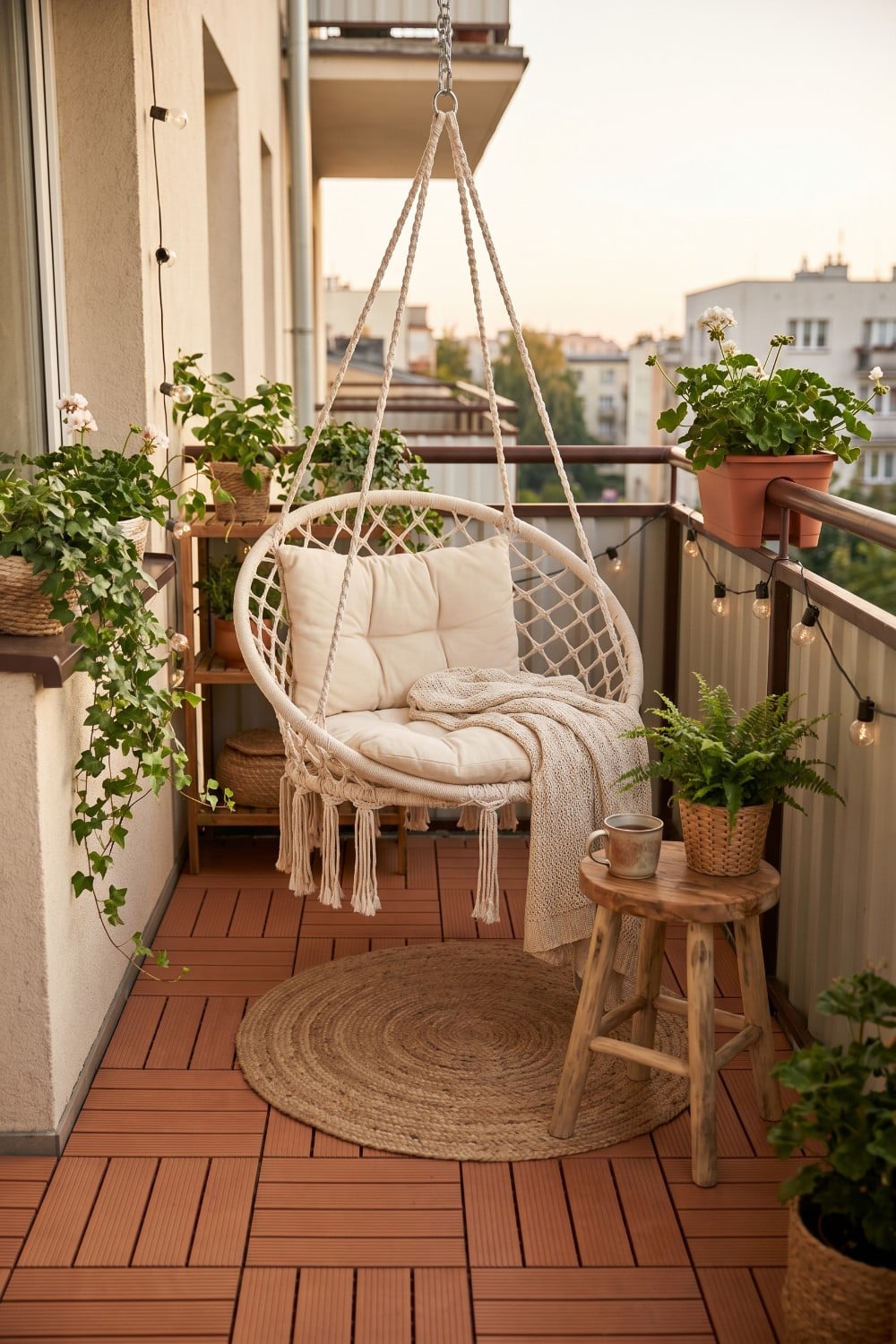 Cream swings in balcony with chunky knit throws
