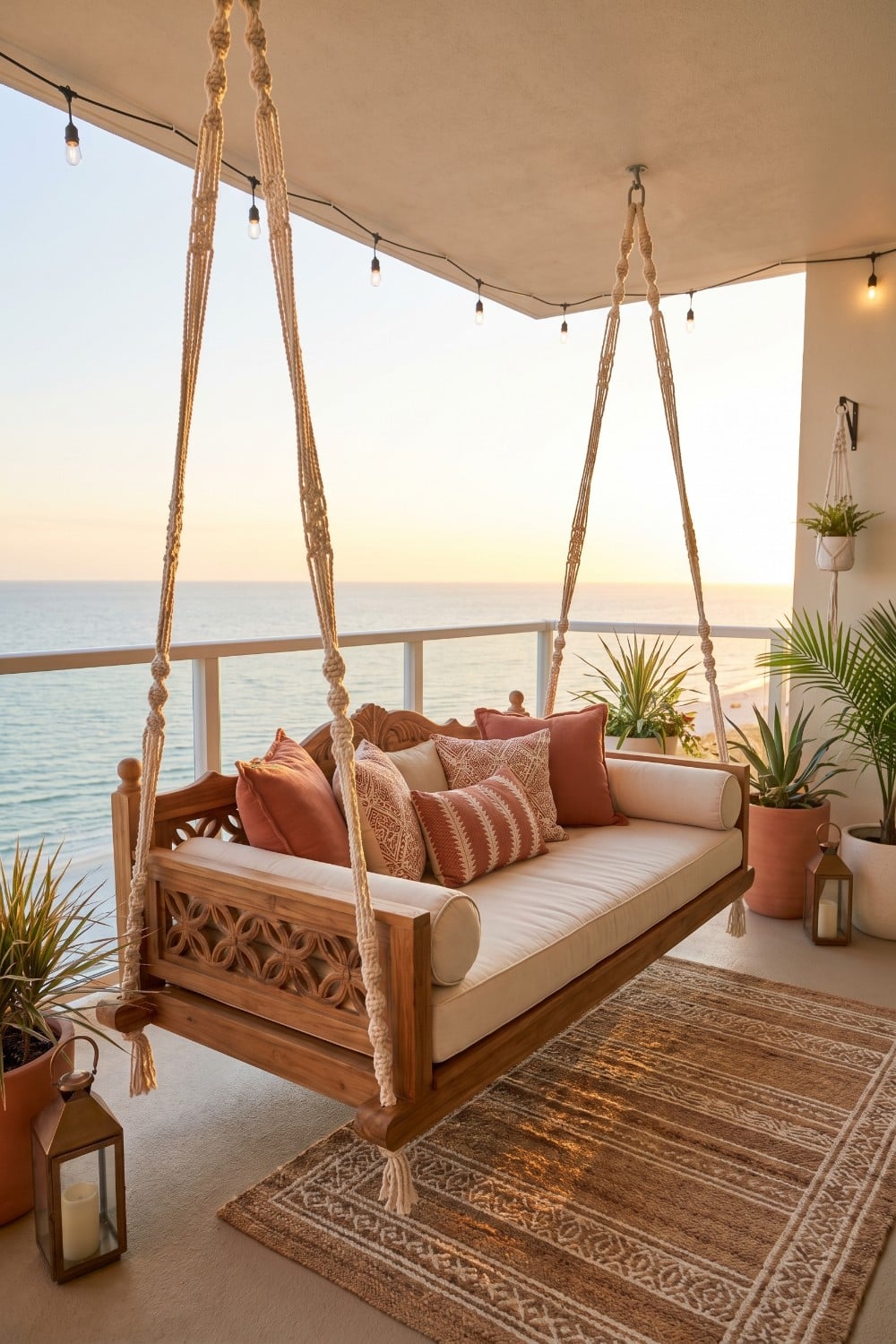 Carved wooden swings in balcony with sunset views
