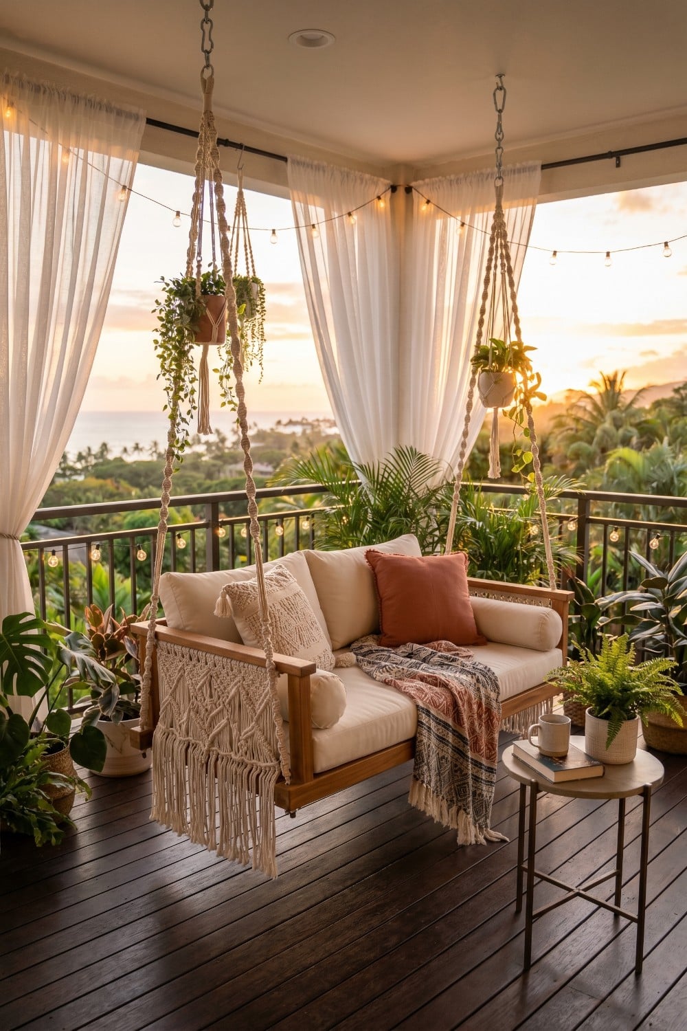 Airy sheer curtains framing swings in balcony