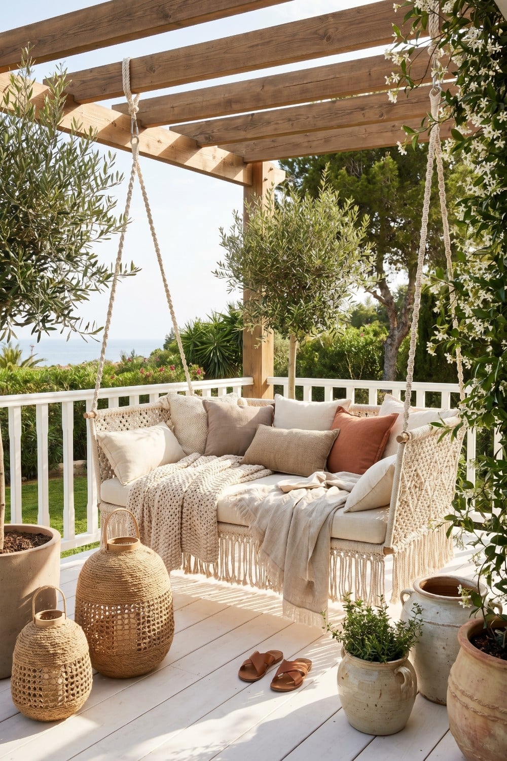 Fringed swings in balcony under a wooden pergola