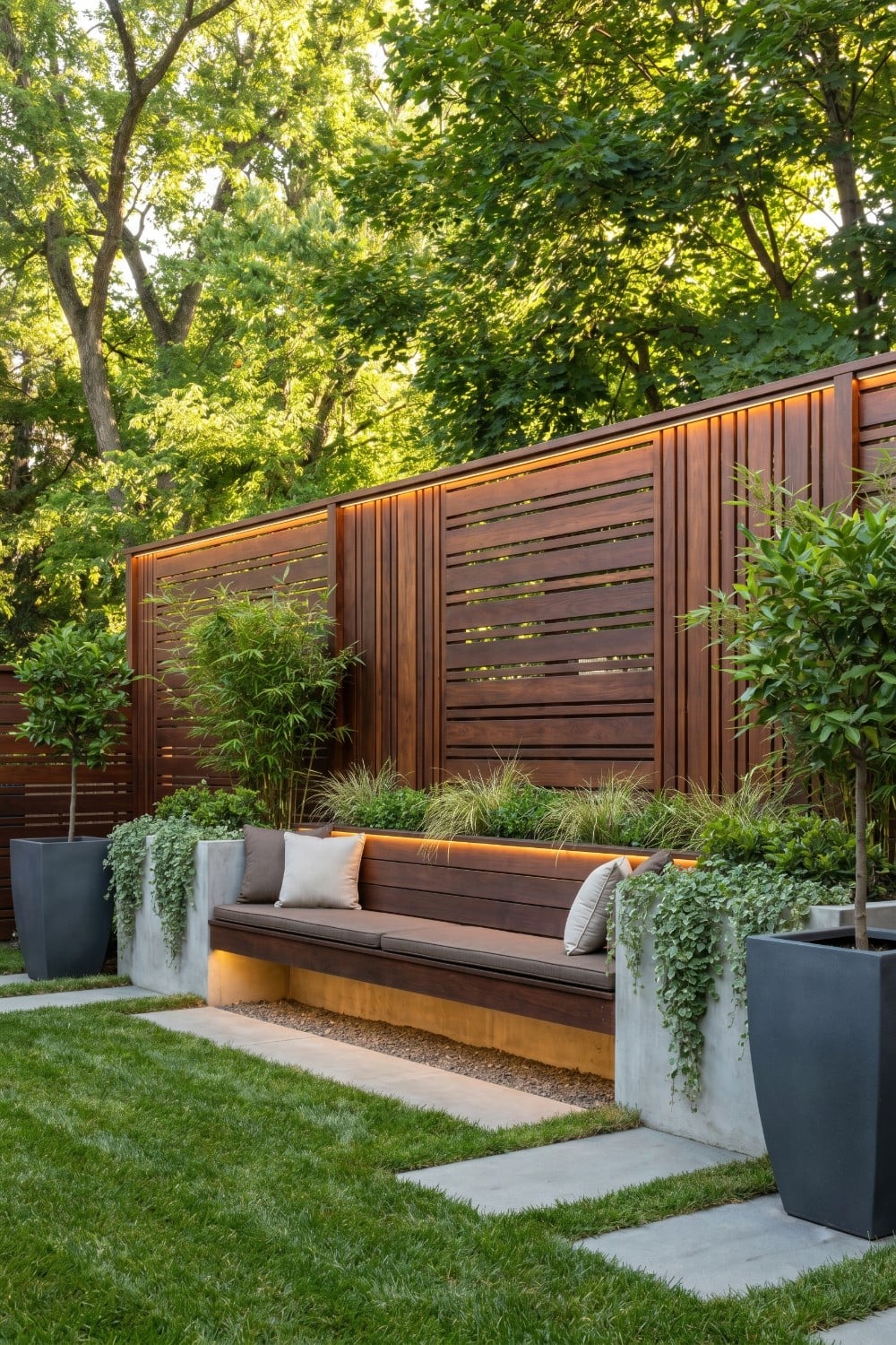 Modern tall privacy fence with sleek bench seating