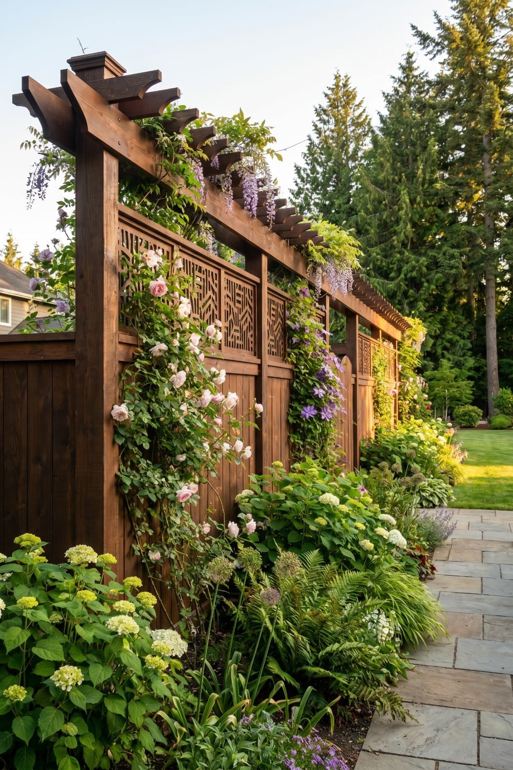 Tall Privacy Fence with Lattice and Climbing Roses