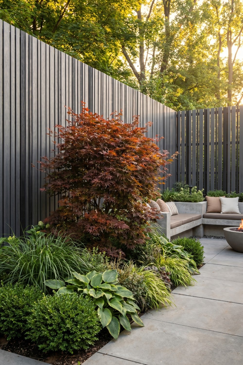 Charcoal Tall Privacy Fence with Crimson Japanese Maple