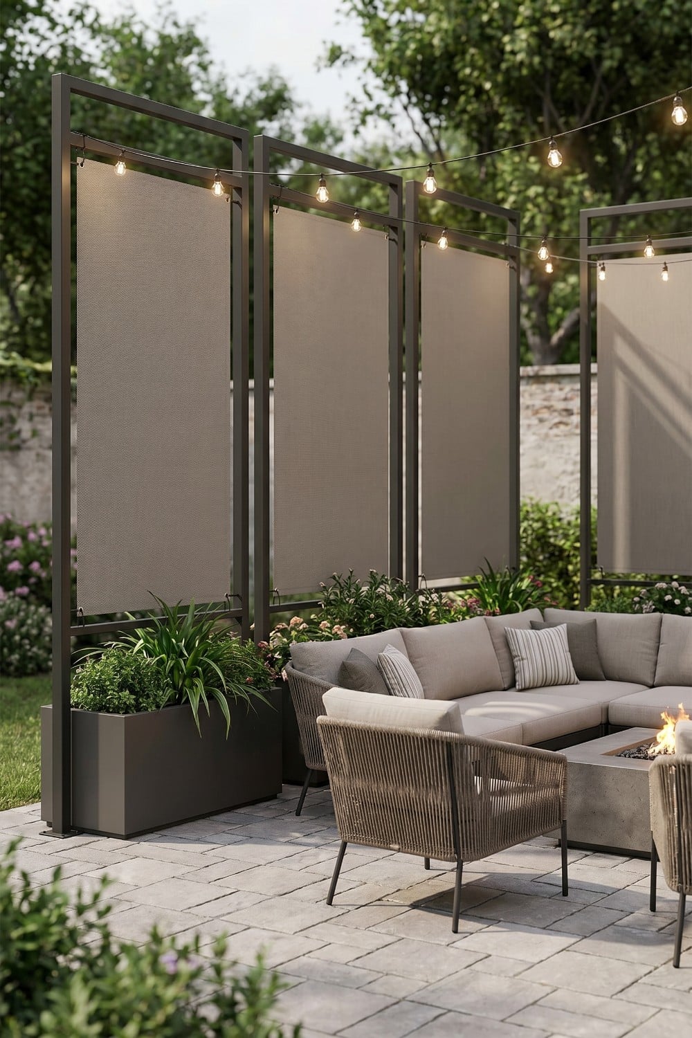 Modern Temporary Privacy Fence with String Lights