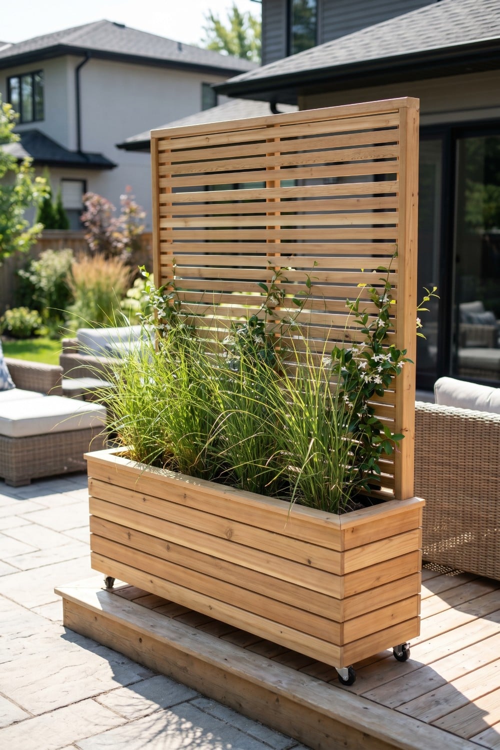Slatted Wood Temporary Privacy Fence with Tall Grasses
