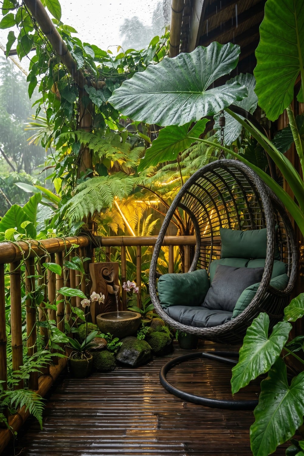 Tropical Balcony with Stone Fountain and Mossy Rocks