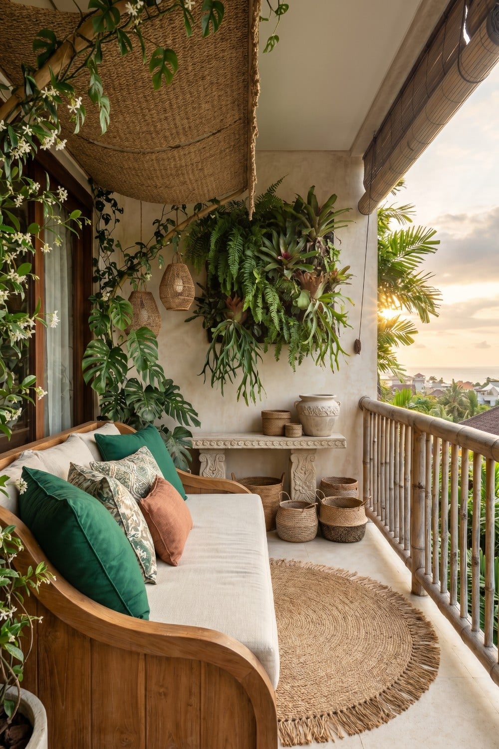 Tropical Balcony with Bamboo Railing and Jute Rug