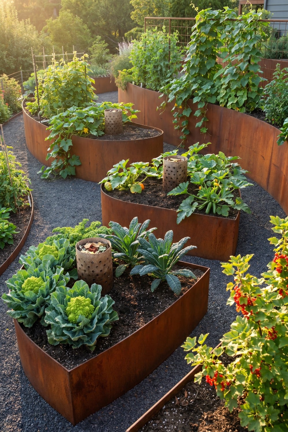 Veggie garden with curved rusted metal beds