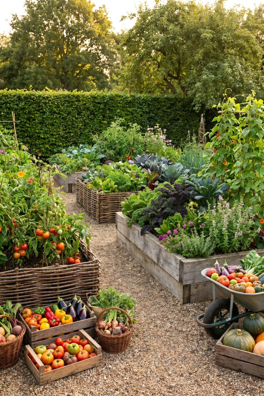 Lush veggie garden with woven wattle borders